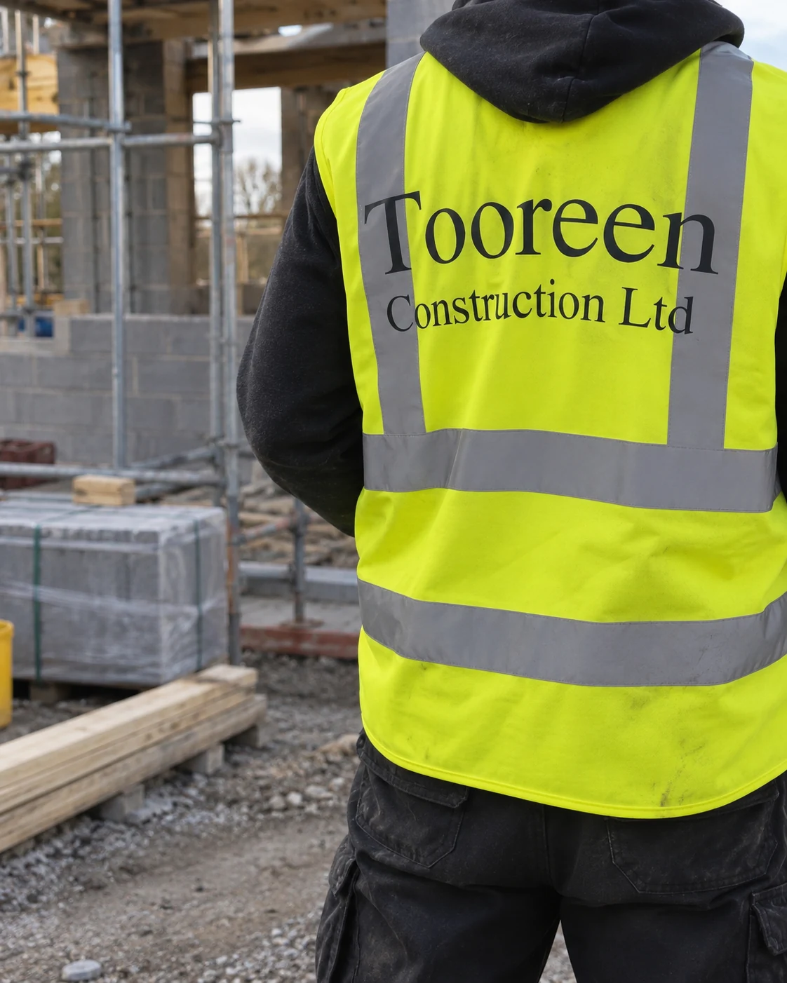 Back of a Tooreen Construction high-visibility vest at a building site
