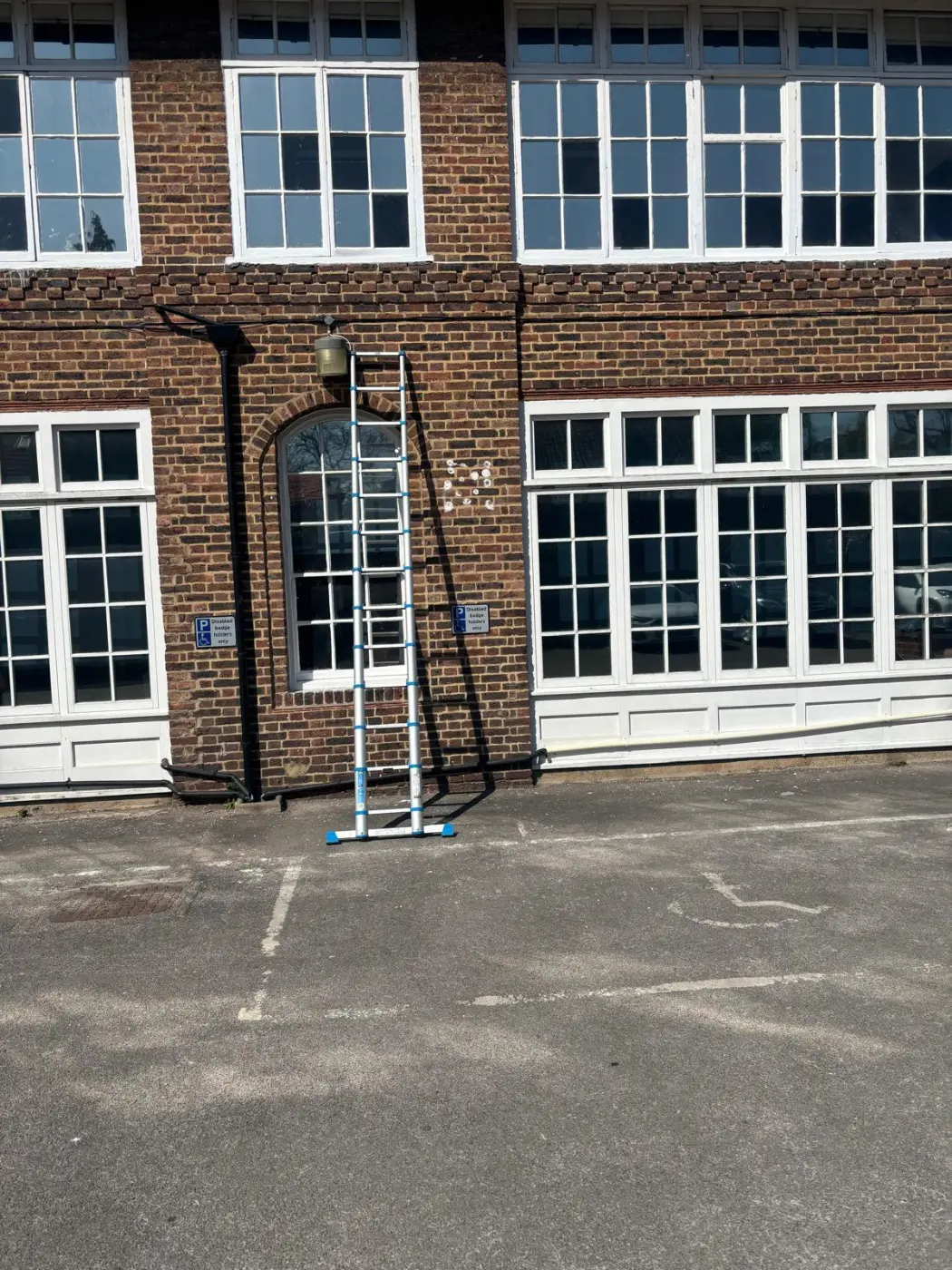 Timber windows across the brick elevation